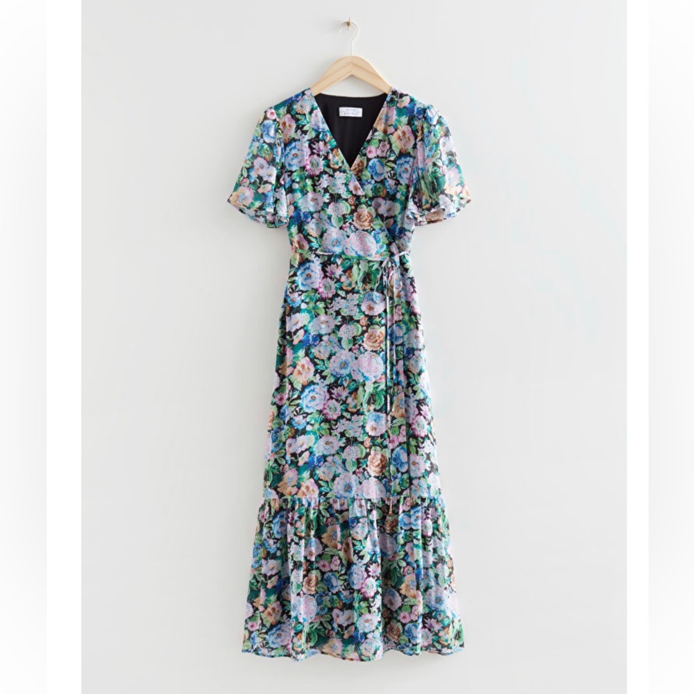 & Other Stories green/blue Flutter Sleeve Wrap Midi Dress, size 2.